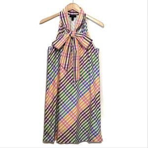 J Crew Gingham Rainbow Stripe Sleeveless Halter Neck Tie Chic Mini Dress Size 4